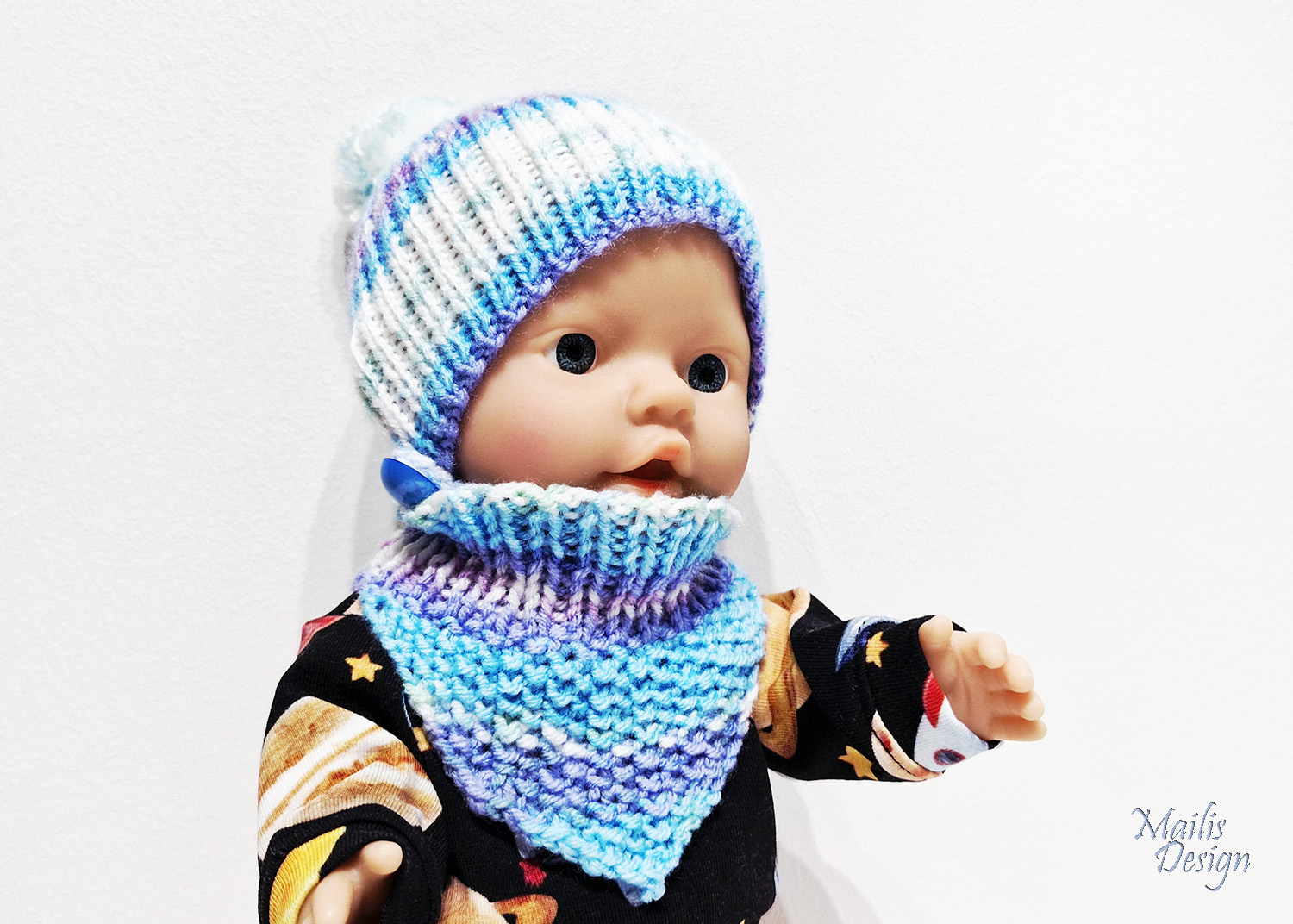 Nuku müts (pü 28cm) ja kaelussall, türkiis/lilla